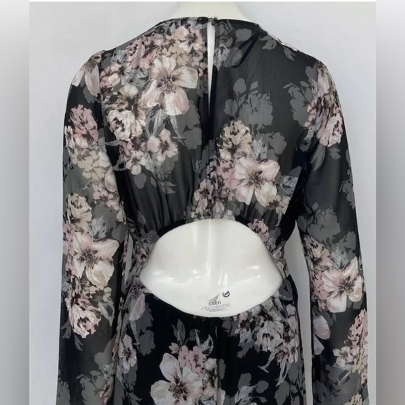 New Forever 21 Long Robe Dress Floral Black & Pink Rose Print, Open Back, Sz S - Picture 4 of 11